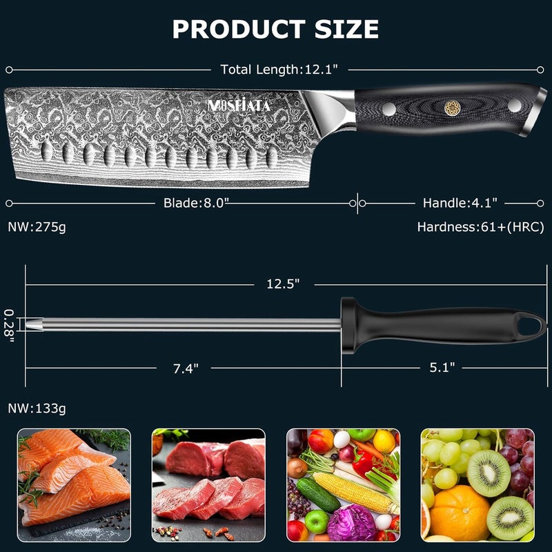 MOSFiATA 7'Nakiri Knife Damascus Professional Sharpe Chef Knife， Kitchen Knifed Damascus Steel VG-10 Blade with Ergonomic Handle Sharpener - Image 5